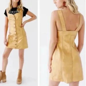 NWT Free People Goldie Metallic Gold Yellow Leather Button Party Mini Dress 10