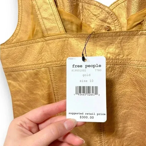 NWT Free People Goldie Metallic Gold Yellow Leather Button Party Mini Dress 10
