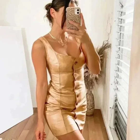 NWT Free People Goldie Metallic Gold Yellow Leather Button Party Mini Dress 10