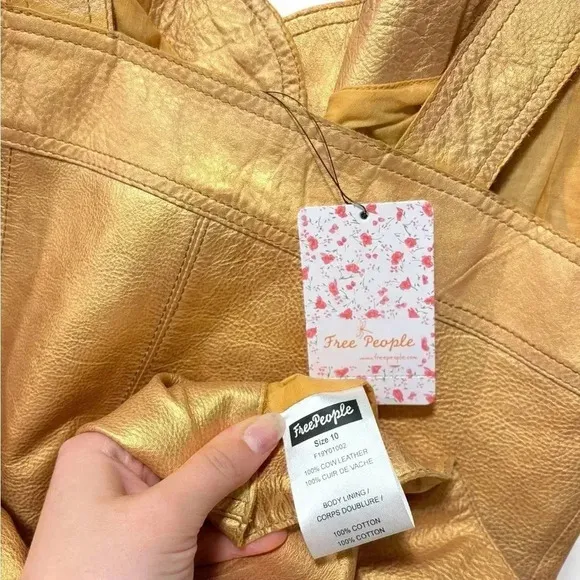 NWT Free People Goldie Metallic Gold Yellow Leather Button Party Mini Dress 10