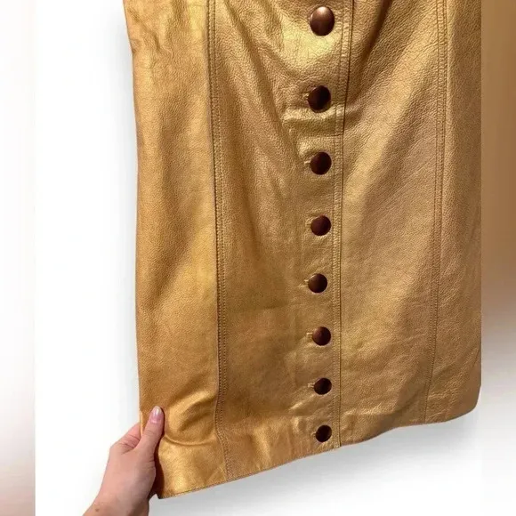 NWT Free People Goldie Metallic Gold Yellow Leather Button Party Mini Dress 10