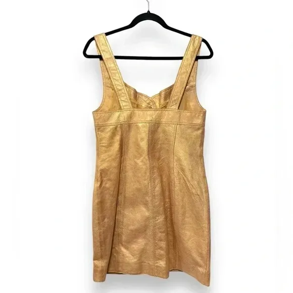 NWT Free People Goldie Metallic Gold Yellow Leather Button Party Mini Dress 10