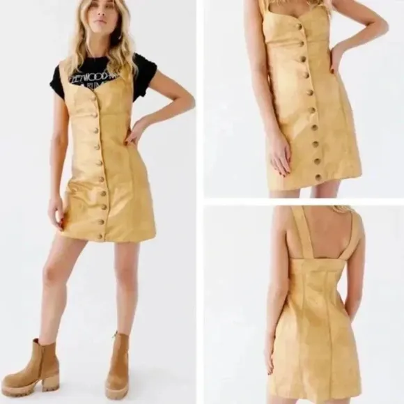 NWT Free People Goldie Metallic Gold Yellow Leather Button Party Mini Dress 10