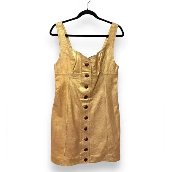 NWT Free People Goldie Metallic Gold Yellow Leather Button Party Mini Dress 10