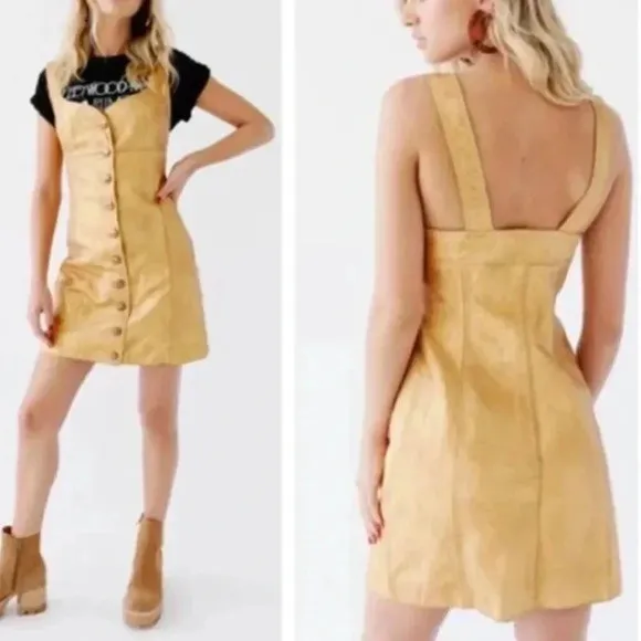 NWT Free People Goldie Metallic Gold Yellow Leather Button Party Mini Dress 10