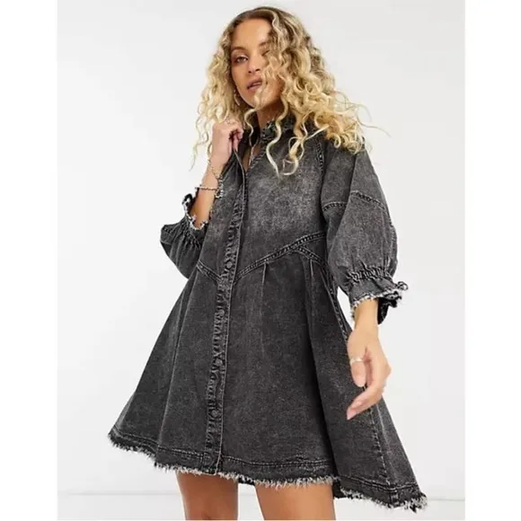 NWT Free People We The Free Hannah Denim Mini Dress Black Oversize Size XS