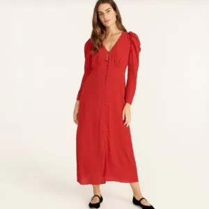 NWT J. Crew Dress Midi Drapey Puff Sleeve In Red White Clip Dot