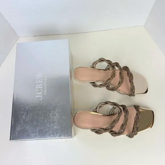 NWT J Crew Zadie Strappy Kitten Heels Sandals Gold Crystal Embellishment Sz 8