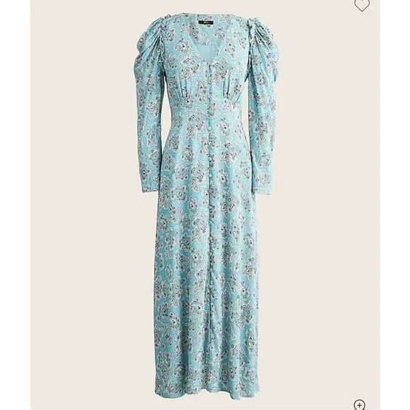 NWT J Crew Drapey Puff Sleeve Midi Dress in Paisley Bunch Blue size 2