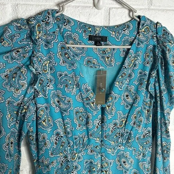 NWT J Crew Drapey Puff Sleeve Midi Dress in Paisley Bunch Blue size 2