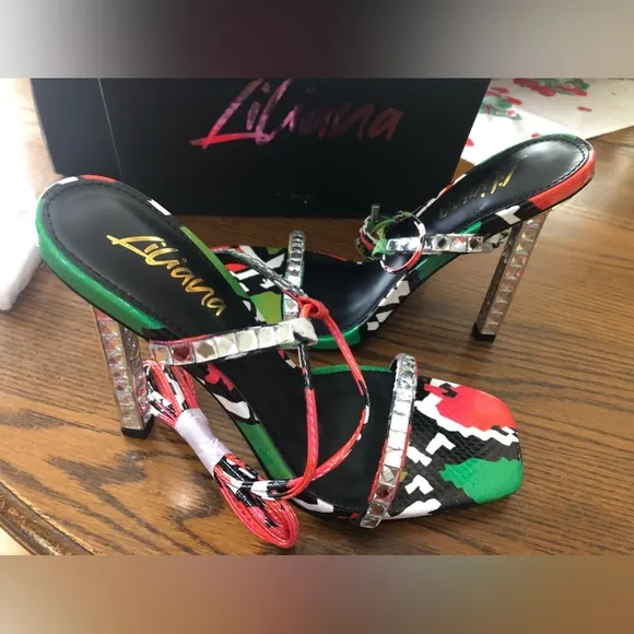 NWT  LILIANA Emelie-1 Green Red Black Heels Sandals w/ Dazzling Heels  Size 9