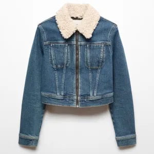 NWT Mango Mng Gio Sherpa Shearling Collar Zip Biker Moto Denim Jacket Blue XXS