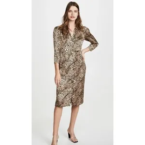 NWT Rebecca Taylor leopard hammered silk puff sleeve lynx dress