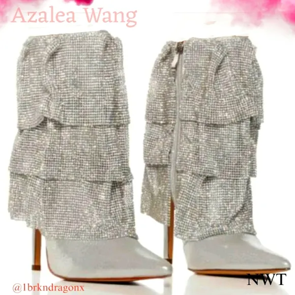 NWT Rhinestone Silver Ruffle Tier Booties Dress Bootie Boots Silver Embellished