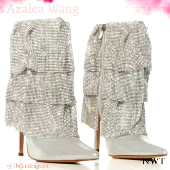 NWT Rhinestone Silver Ruffle Tier Booties Dress Bootie Boots Silver Embellished