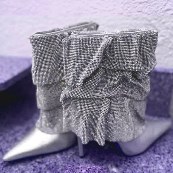 NWT Rhinestone Silver Ruffle Tier Booties Dress Bootie Boots Silver Embellished