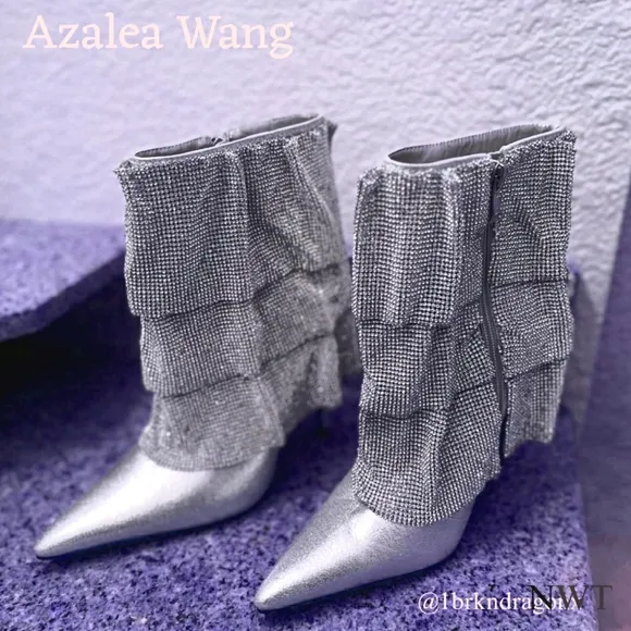 NWT Rhinestone Silver Ruffle Tier Booties Dress Bootie Boots Silver Embellished