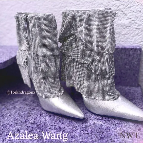 NWT Rhinestone Silver Ruffle Tier Booties Dress Bootie Boots Silver Embellished