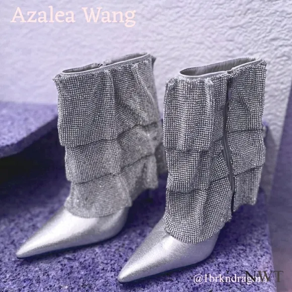 NWT Rhinestone Silver Ruffle Tier Booties Dress Bootie Boots Silver Embellished