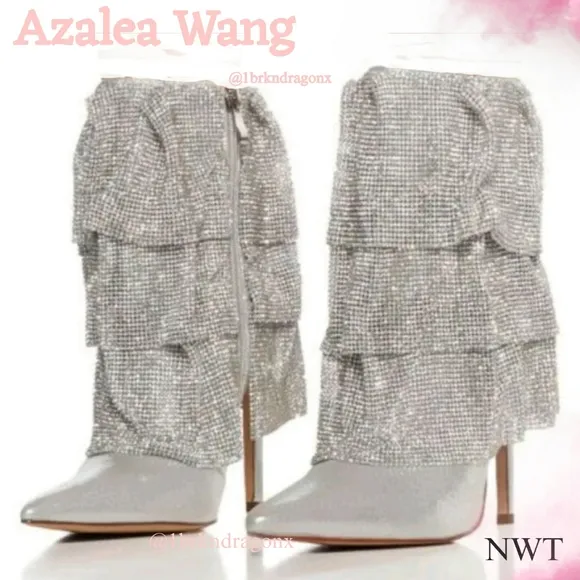 NWT Rhinestone Silver Ruffle Tier Booties Dress Bootie Boots Silver Embellished