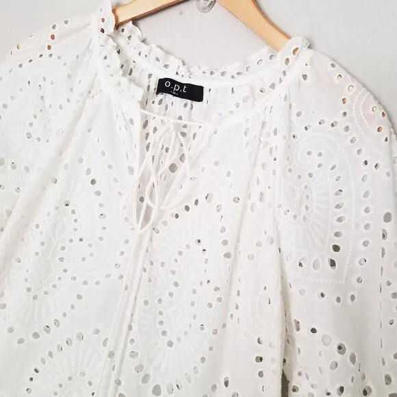 OPT One Pretty Time White Sundays Eyelet Tiered Midi Dress Cotton M Missing Slip
