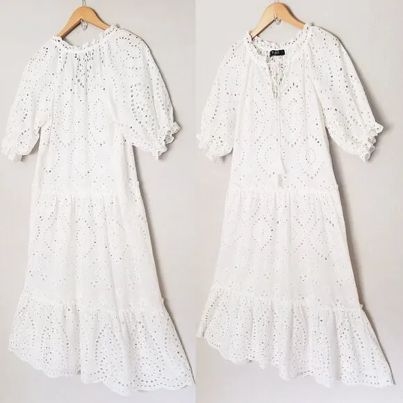 OPT One Pretty Time White Sundays Eyelet Tiered Midi Dress Cotton M Missing Slip