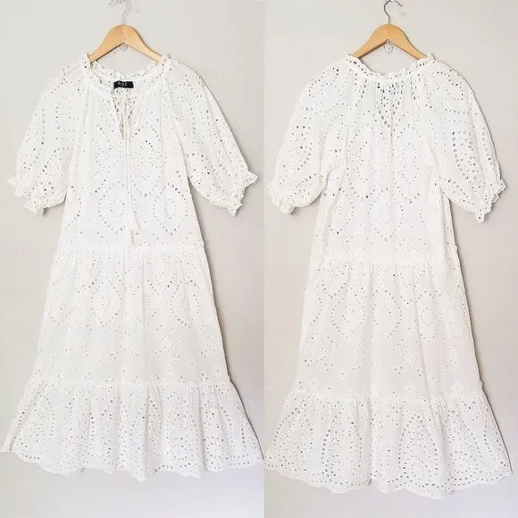OPT One Pretty Time White Sundays Eyelet Tiered Midi Dress Cotton M Missing Slip