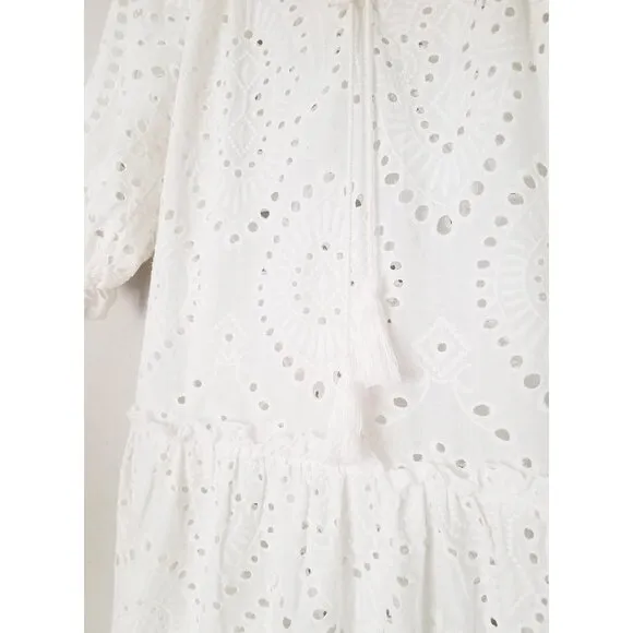 OPT One Pretty Time White Sundays Eyelet Tiered Midi Dress Cotton M Missing Slip