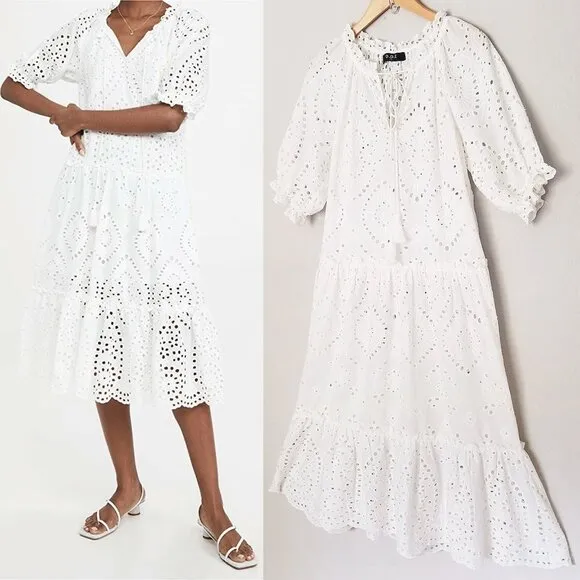 OPT One Pretty Time White Sundays Eyelet Tiered Midi Dress Cotton M Missing Slip