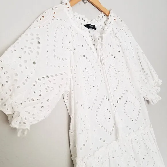 OPT One Pretty Time White Sundays Eyelet Tiered Midi Dress Cotton M Missing Slip