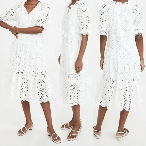 OPT One Pretty Time White Sundays Eyelet Tiered Midi Dress Cotton M Missing Slip