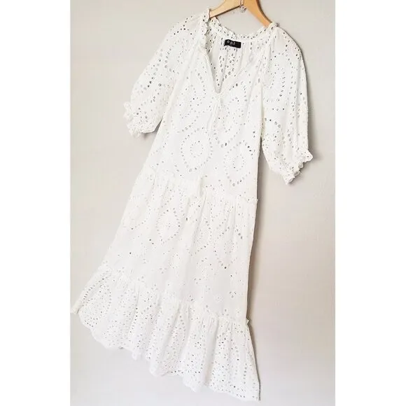 OPT One Pretty Time White Sundays Eyelet Tiered Midi Dress Cotton M Missing Slip