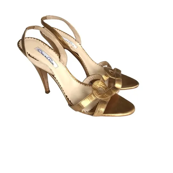 Oscar de la Renta Metallic Bronze Leather Slingback Heeled Sandals Women’s