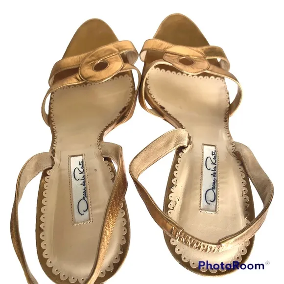 Oscar de la Renta Metallic Bronze Leather Slingback Heeled Sandals Women’s