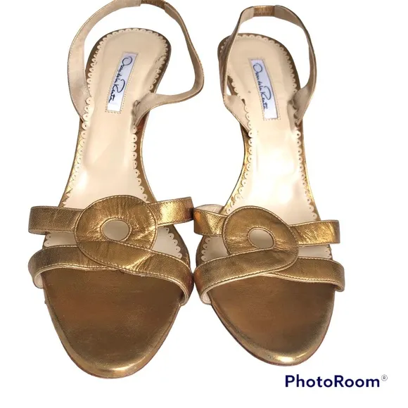 Oscar de la Renta Metallic Bronze Leather Slingback Heeled Sandals Women’s