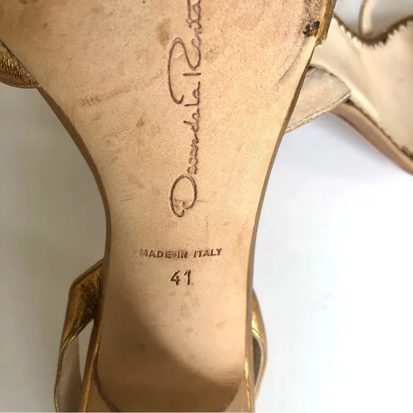 Oscar de la Renta Metallic Bronze Leather Slingback Heeled Sandals Women’s