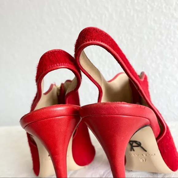 paul andrew red calfhair zip sandals