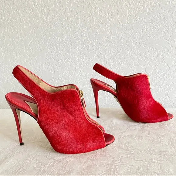 paul andrew red calfhair zip sandals