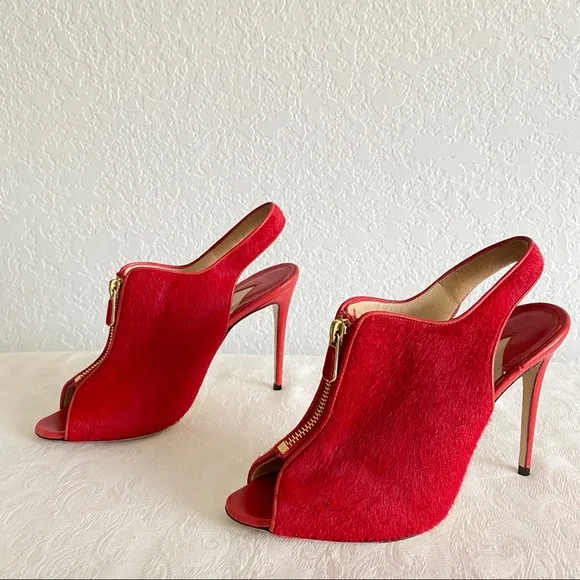 paul andrew red calfhair zip sandals