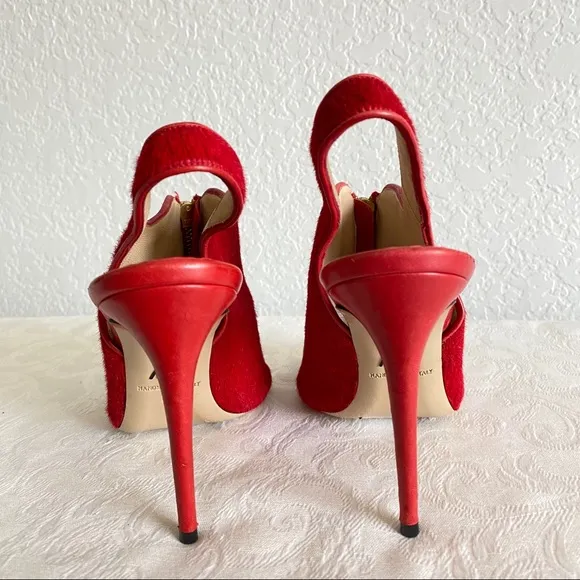 paul andrew red calfhair zip sandals