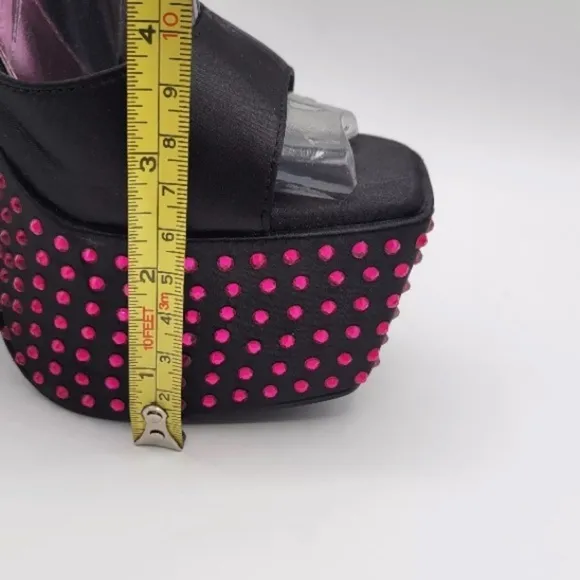 Platform sandals heels. Rhinestone crystals satin. Pink rhinestone. 7M