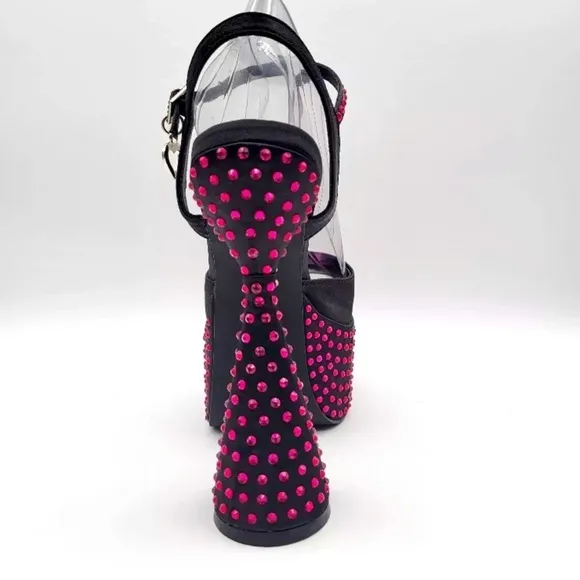Platform sandals heels. Rhinestone crystals satin. Pink rhinestone. 7M