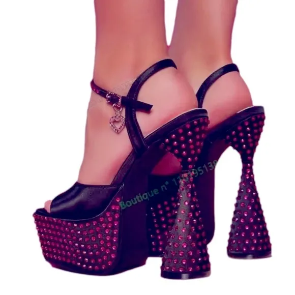 Platform sandals heels. Rhinestone crystals satin. Pink rhinestone. 7M