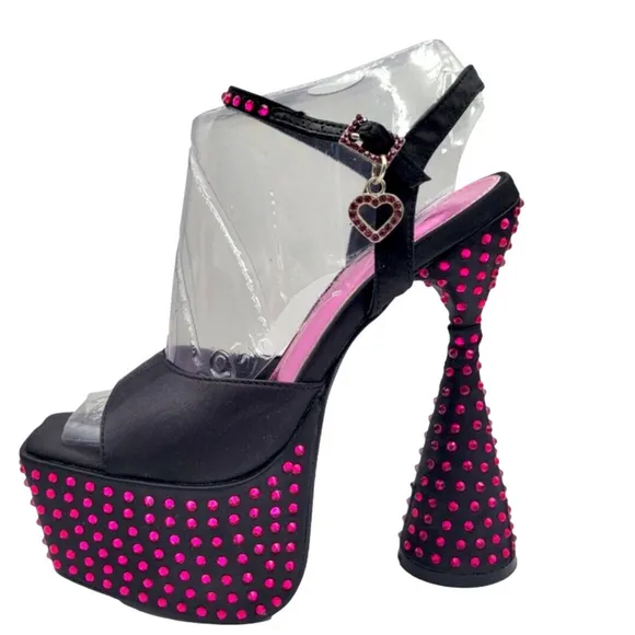 Platform sandals heels. Rhinestone crystals satin. Pink rhinestone. 7M