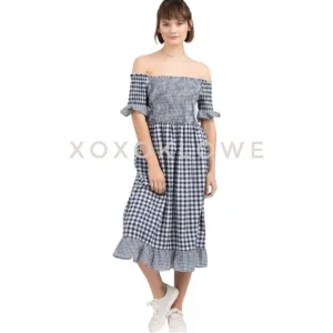 POL Navy &amp; White Gingham Print Midi Dress Cottagecore Smocked Bust
