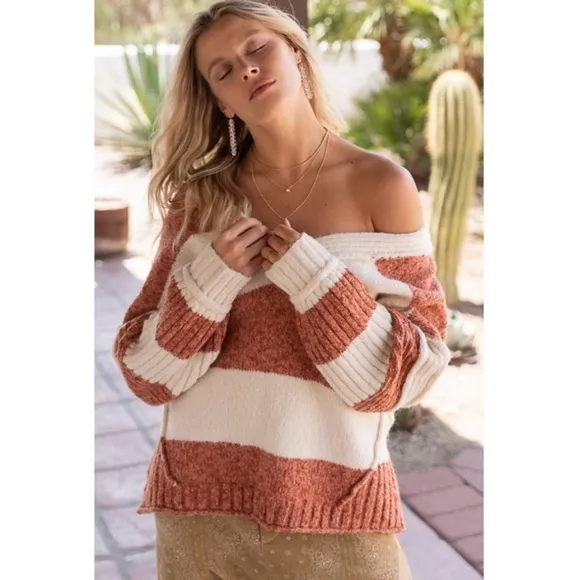POL Rust and Ivory Stripe V-Neck Sweater