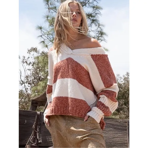 POL Rust and Ivory Stripe V-Neck Sweater