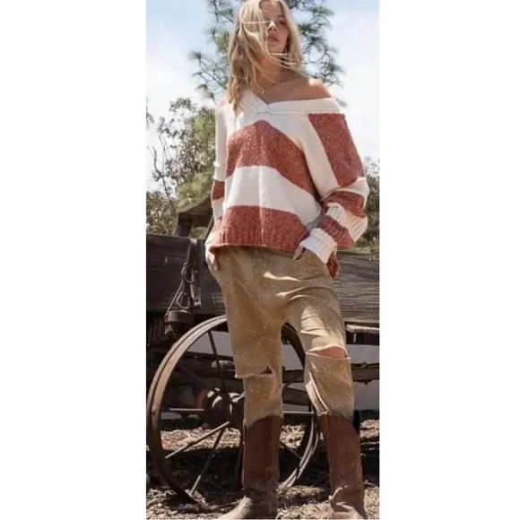 POL Rust and Ivory Stripe V-Neck Sweater