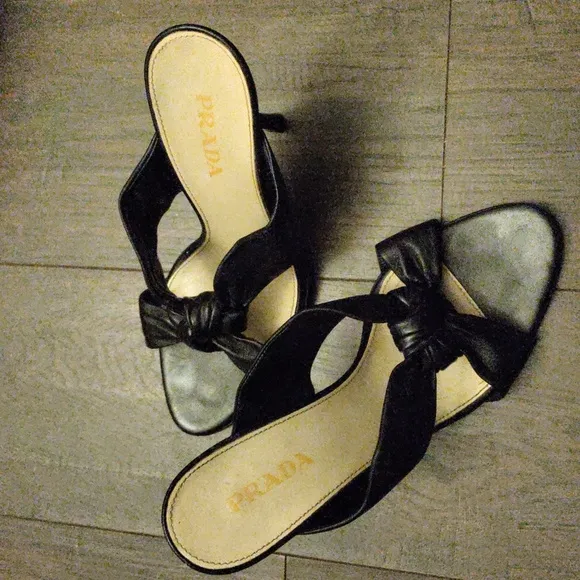 Prada Black Leather Knot Heel Sandals