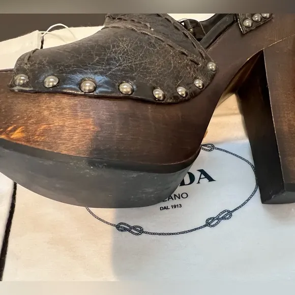 Prada Brown Leather and Wood Platform Clog Sandals 37.5